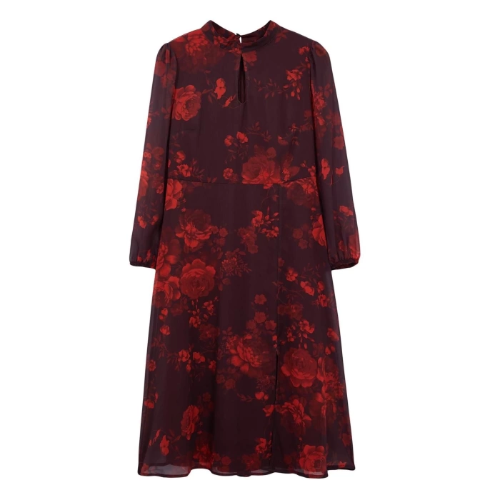 Womens Fashion Plus Size Midi Length Stand Collar Relaxed Floral Patterned Chiffon Lined Slit Woven Dress