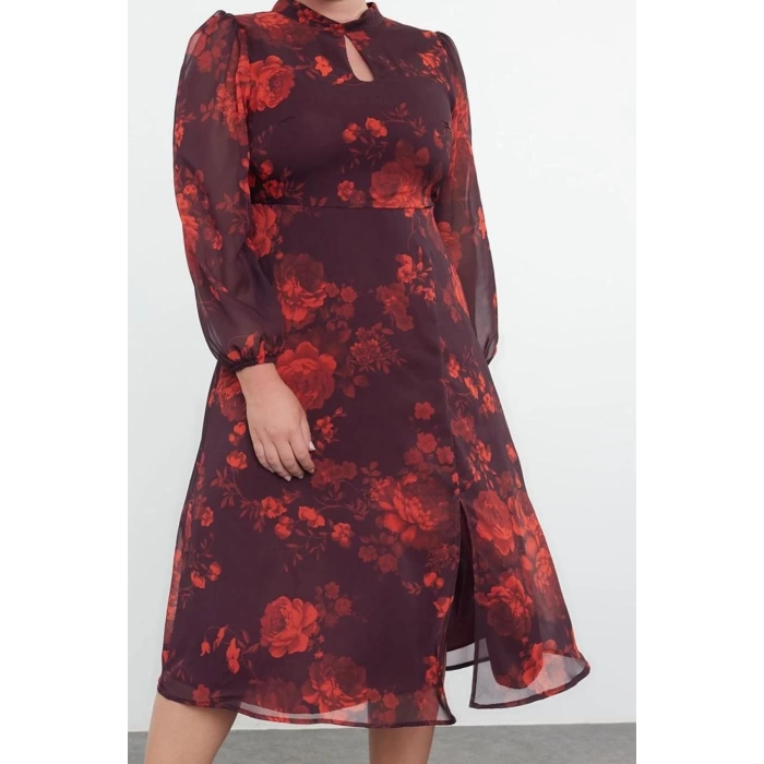 Womens Fashion Plus Size Midi Length Stand Collar Relaxed Floral Patterned Chiffon Lined Slit Woven Dress