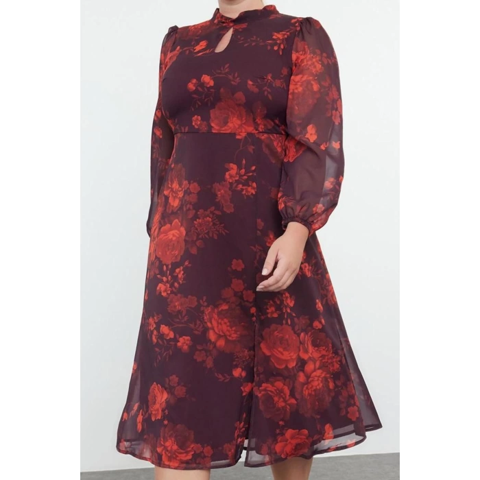 Womens Fashion Plus Size Midi Length Stand Collar Relaxed Floral Patterned Chiffon Lined Slit Woven Dress