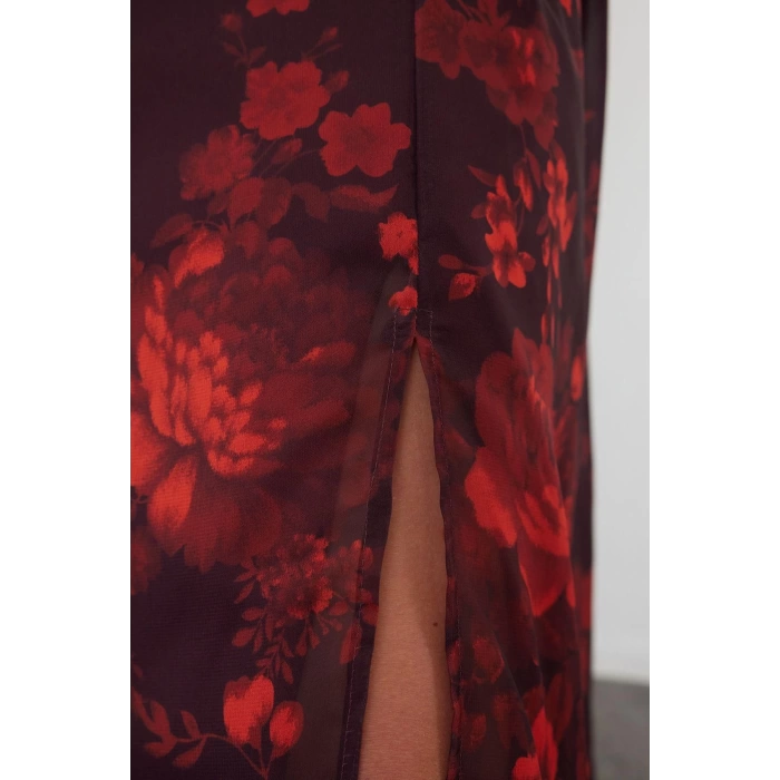 Womens Fashion Plus Size Midi Length Stand Collar Relaxed Floral Patterned Chiffon Lined Slit Woven Dress