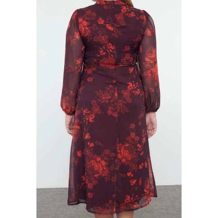 Womens Fashion Plus Size Midi Length Stand Collar Relaxed Floral Patterned Chiffon Lined Slit Woven Dress