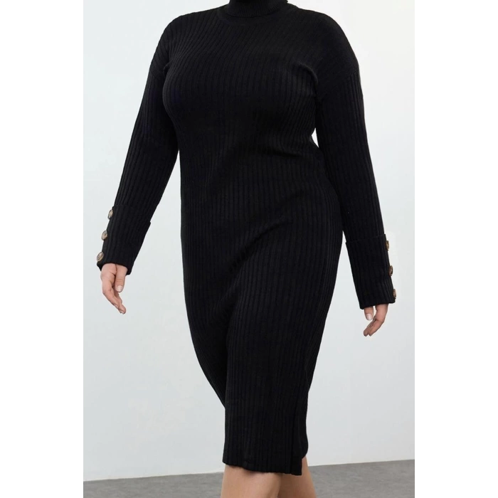 Kadın Moda Şık Büyük Beden Midi Boy Balıkçı Yaka Relaxed Fitilli Triko Elbise