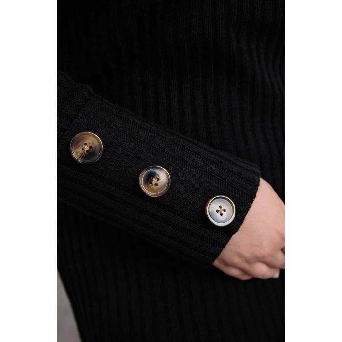 Kadın Moda Şık Büyük Beden Midi Boy Balıkçı Yaka Relaxed Fitilli Triko Elbise