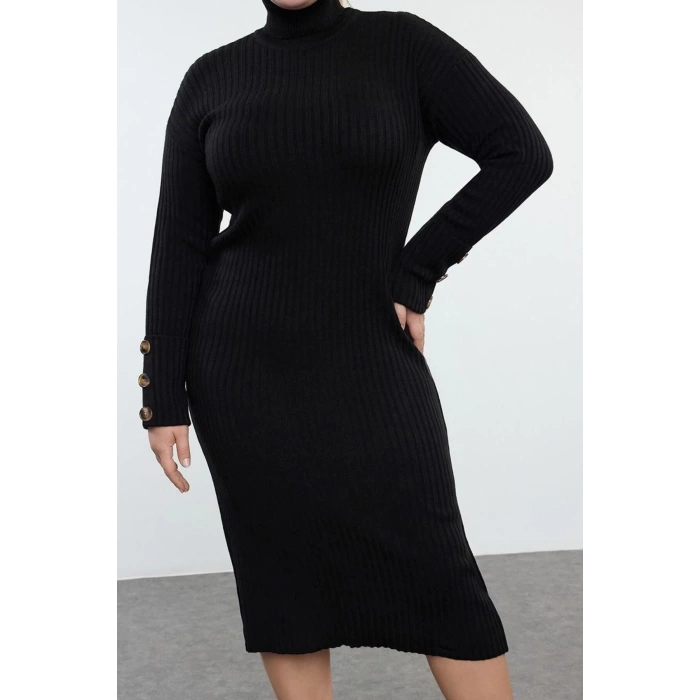 Kadın Moda Şık Büyük Beden Midi Boy Balıkçı Yaka Relaxed Fitilli Triko Elbise