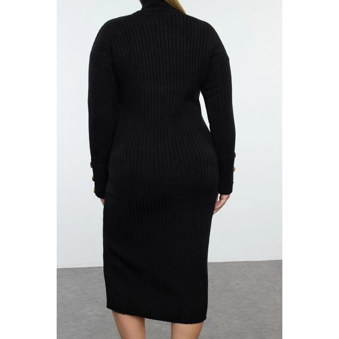 Kadın Moda Şık Büyük Beden Midi Boy Balıkçı Yaka Relaxed Fitilli Triko Elbise