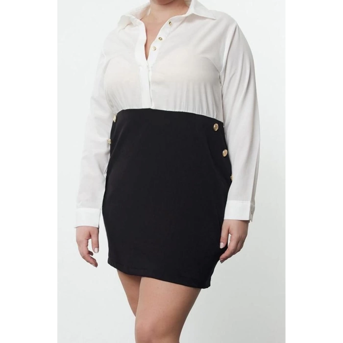 Women Fashion Stylish Plus Size Mini Length Shirt Collar Fitted Buttoned Woven Plus Size Shirt Dress
