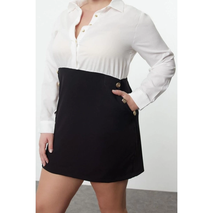 Women Fashion Stylish Plus Size Mini Length Shirt Collar Fitted Buttoned Woven Plus Size Shirt Dress