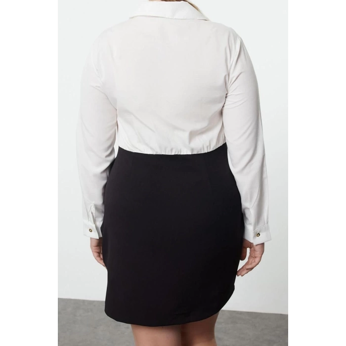 Women Fashion Stylish Plus Size Mini Length Shirt Collar Fitted Buttoned Woven Plus Size Shirt Dress