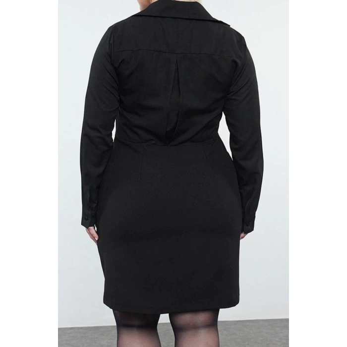 Kadın Moda Şık Büyük Beden Mini Boy Gömlek Yaka Fitted Cepli Dokuma Büyük Beden Gömlek Elbise