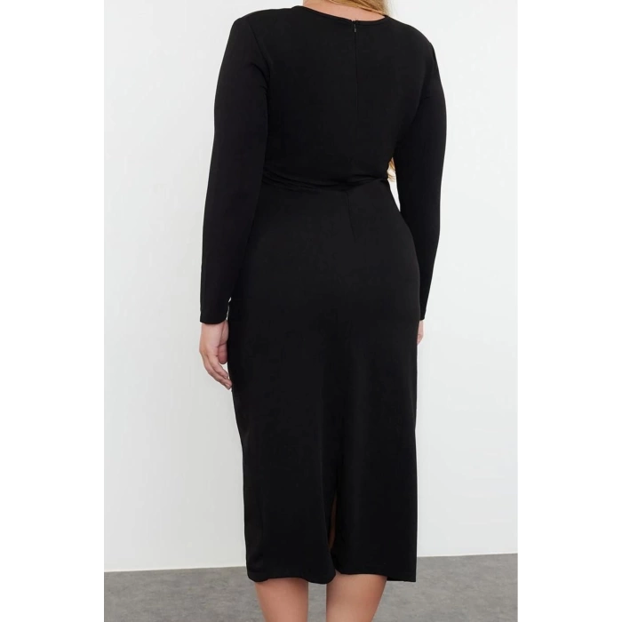 Women Fashion Stylish Plus Size Maxi Length Crew Neck Slim Gathered Detail Shift Knitted Plus Size Dress