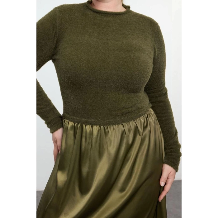 Kadın Moda Şık Büyük Beden Midi Boy Bisiklet Yaka Fitted Saten Dokuma Mix Triko Elbise