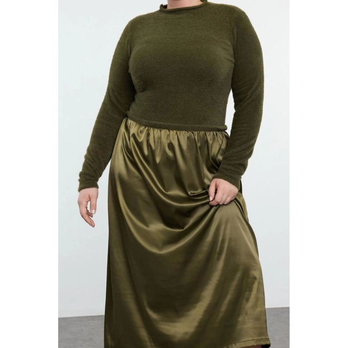 Kadın Moda Şık Büyük Beden Midi Boy Bisiklet Yaka Fitted Saten Dokuma Mix Triko Elbise