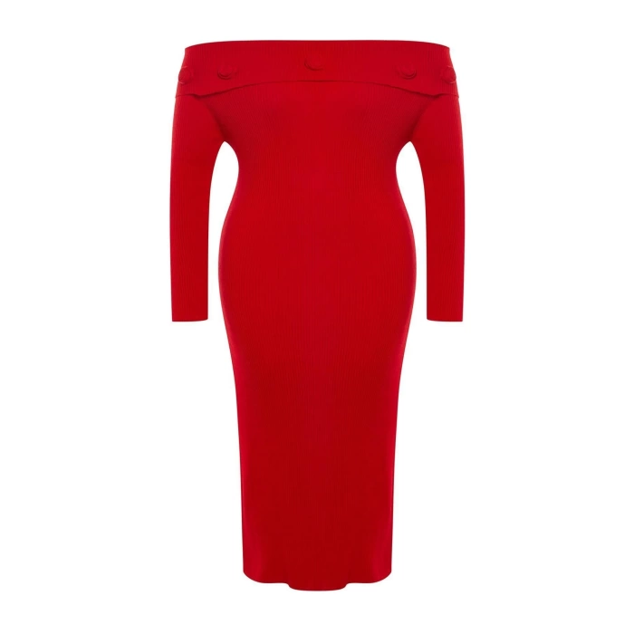 Kadın Moda Şık Büyük Beden Midi Boy Carmen Yaka Fitted Fitilli Gül Detaylı Triko Elbise