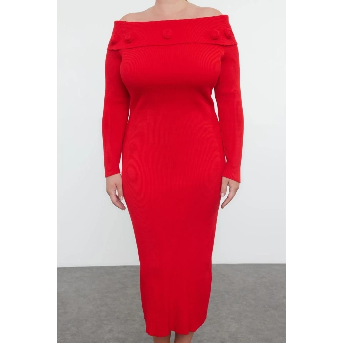 Kadın Moda Şık Büyük Beden Midi Boy Carmen Yaka Fitted Fitilli Gül Detaylı Triko Elbise