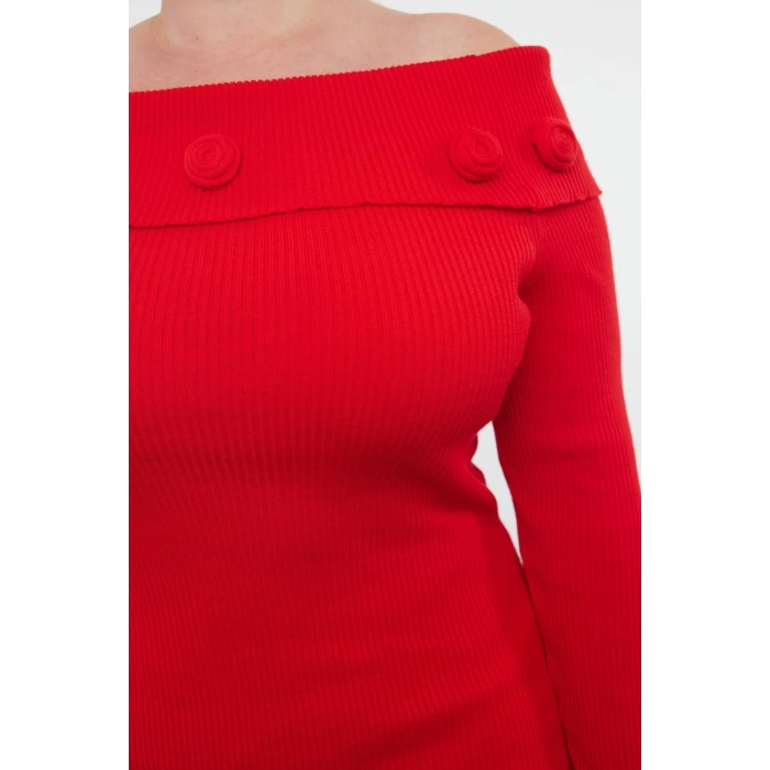 Kadın Moda Şık Büyük Beden Midi Boy Carmen Yaka Fitted Fitilli Gül Detaylı Triko Elbise