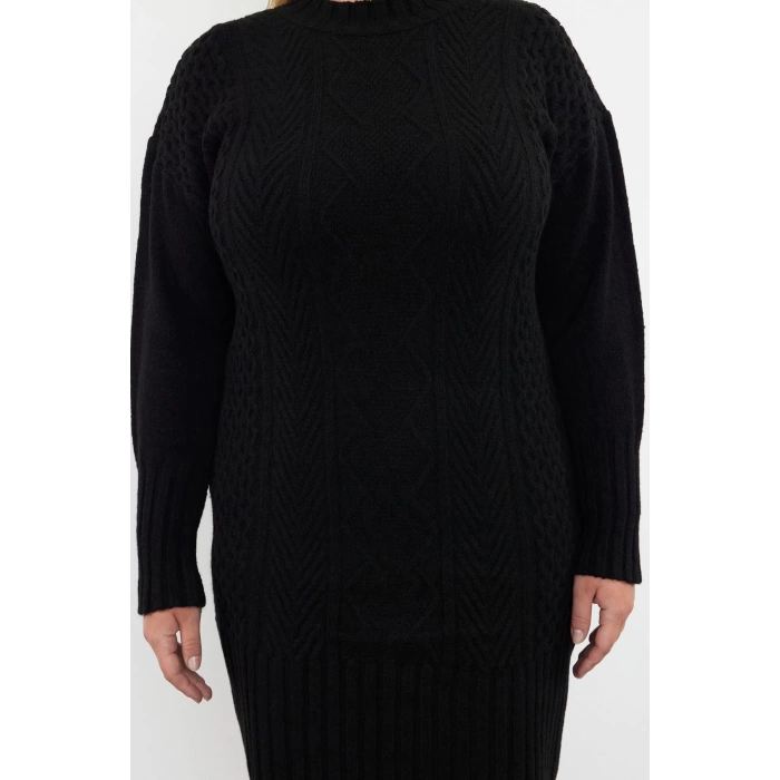 Womens Fashion Stylish Plus Size Mini Length Crew Neck Relaxed Knit Detailed Knitwear Dress