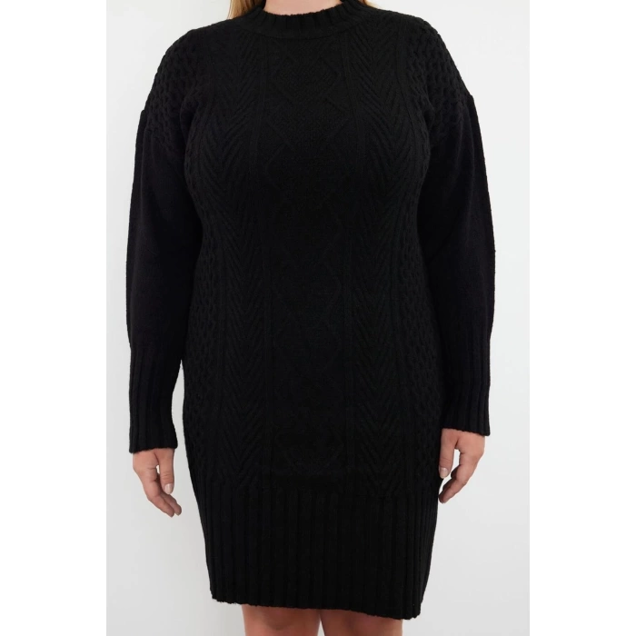 Womens Fashion Stylish Plus Size Mini Length Crew Neck Relaxed Knit Detailed Knitwear Dress