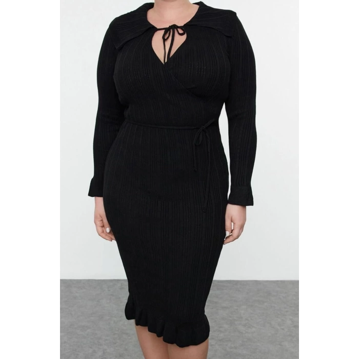 Women Fashion Stylish Plus Size Midi Length Shirt Collar Fitted Corduroy Double Breasted Knit Dress