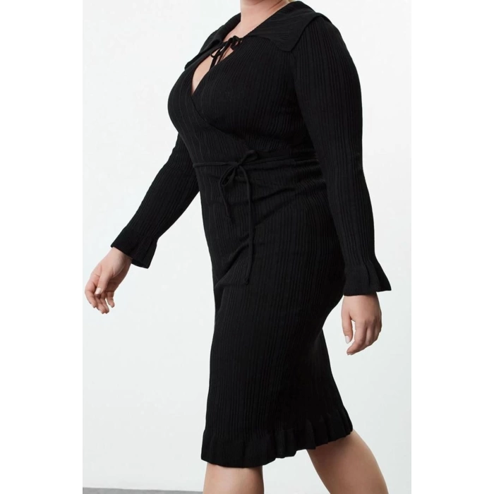 Women Fashion Stylish Plus Size Midi Length Shirt Collar Fitted Corduroy Double Breasted Knit Dress