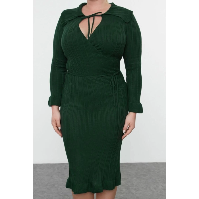 Women Fashion Stylish Plus Size Midi Length Shirt Collar Fitted Corduroy Double Breasted Knit Dress