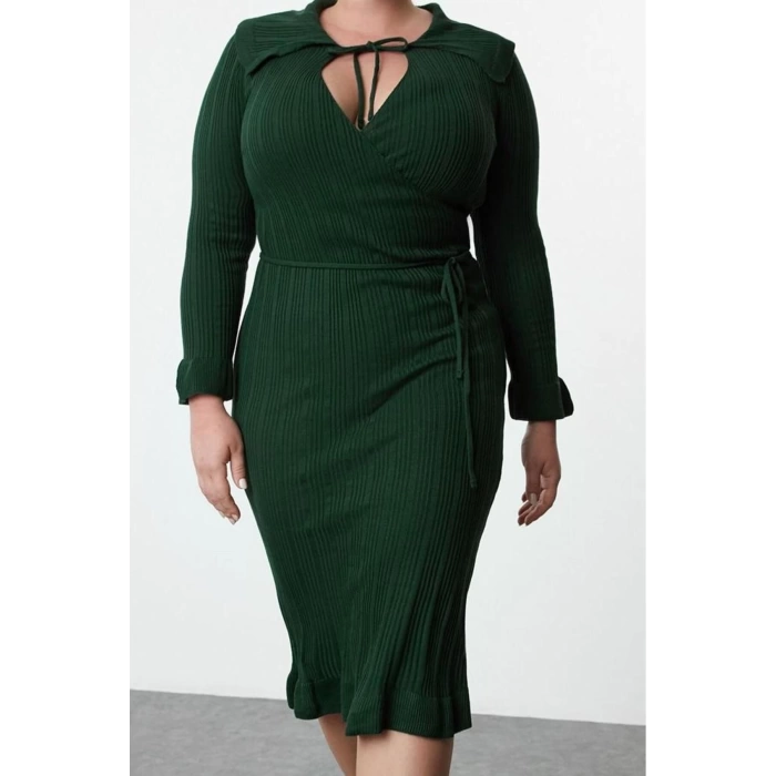 Women Fashion Stylish Plus Size Midi Length Shirt Collar Fitted Corduroy Double Breasted Knit Dress
