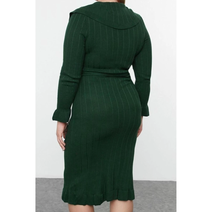 Women Fashion Stylish Plus Size Midi Length Shirt Collar Fitted Corduroy Double Breasted Knit Dress