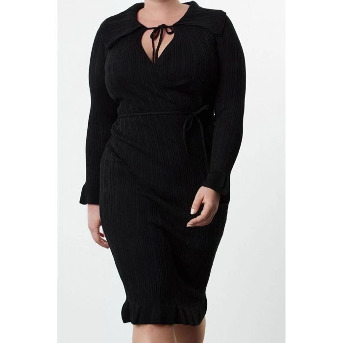 Women Fashion Stylish Plus Size Midi Length Shirt Collar Fitted Corduroy Double Breasted Knit Dress
