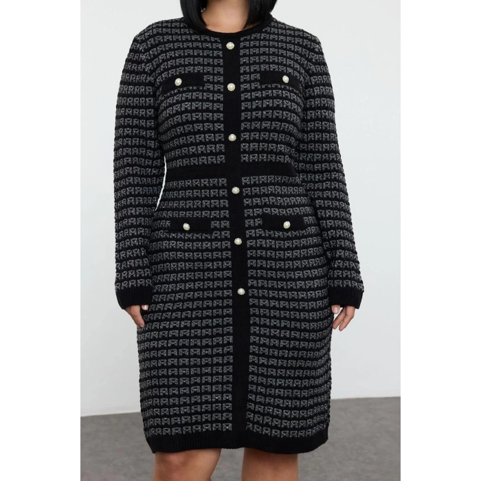 Women Fashion Stylish Plus Size Mini Length Crew Neck Fitted Patterned Buttoned Knit Dress