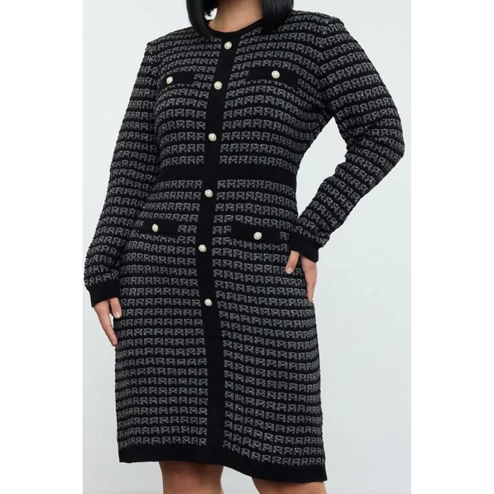 Women Fashion Stylish Plus Size Mini Length Crew Neck Fitted Patterned Buttoned Knit Dress
