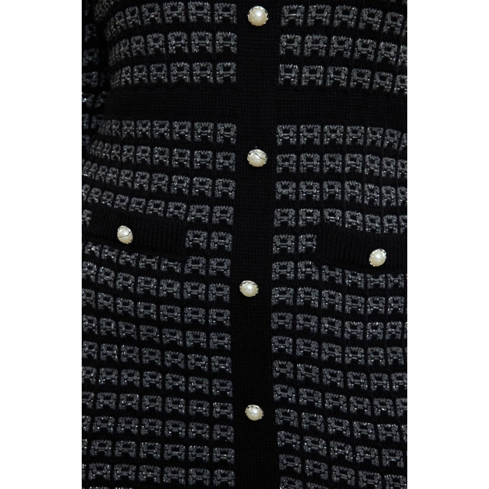 Women Fashion Stylish Plus Size Mini Length Crew Neck Fitted Patterned Buttoned Knit Dress