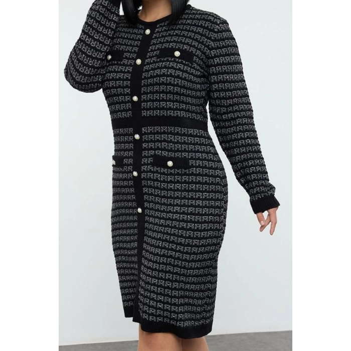 Women Fashion Stylish Plus Size Mini Length Crew Neck Fitted Patterned Buttoned Knit Dress