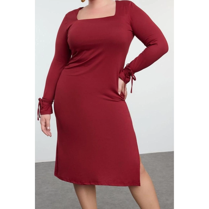 Women Fashion Stylish Plus Size Midi Length Square Neck Fitted Premium Slit Knitted Plus Size Dress