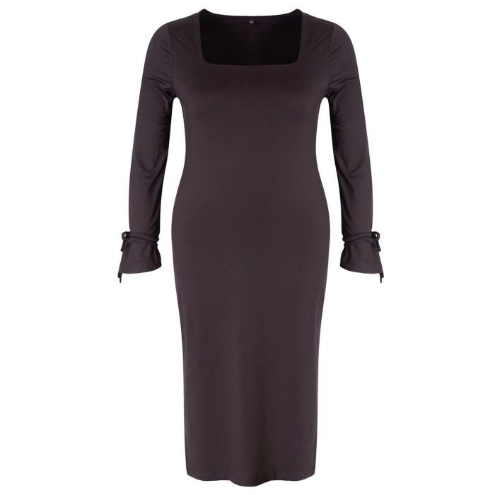Women Fashion Stylish Plus Size Midi Length Square Neck Fitted Premium Slit Knitted Plus Size Dress