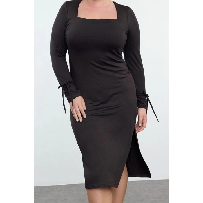Women Fashion Stylish Plus Size Midi Length Square Neck Fitted Premium Slit Knitted Plus Size Dress