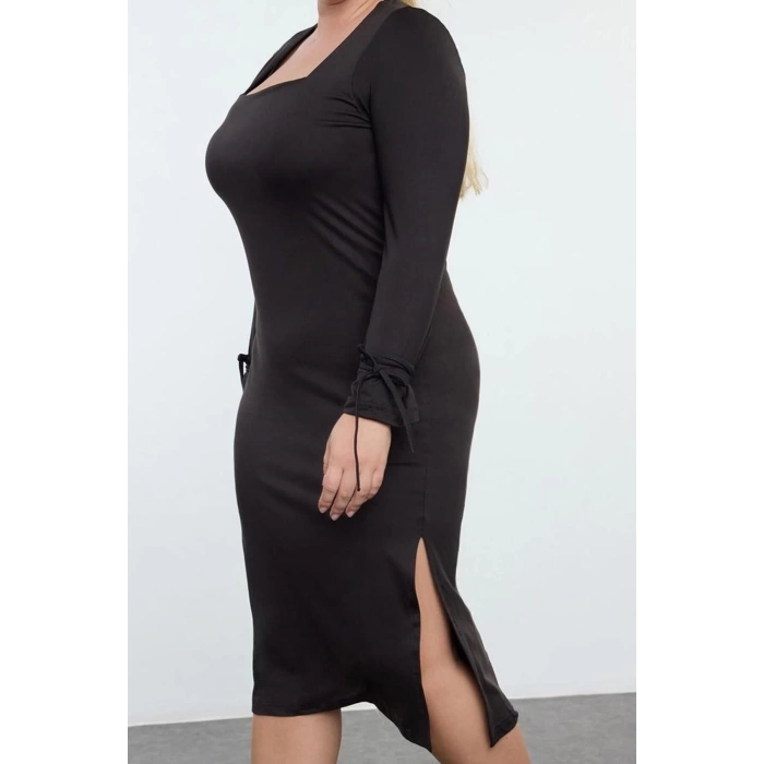 Women Fashion Stylish Plus Size Midi Length Square Neck Fitted Premium Slit Knitted Plus Size Dress
