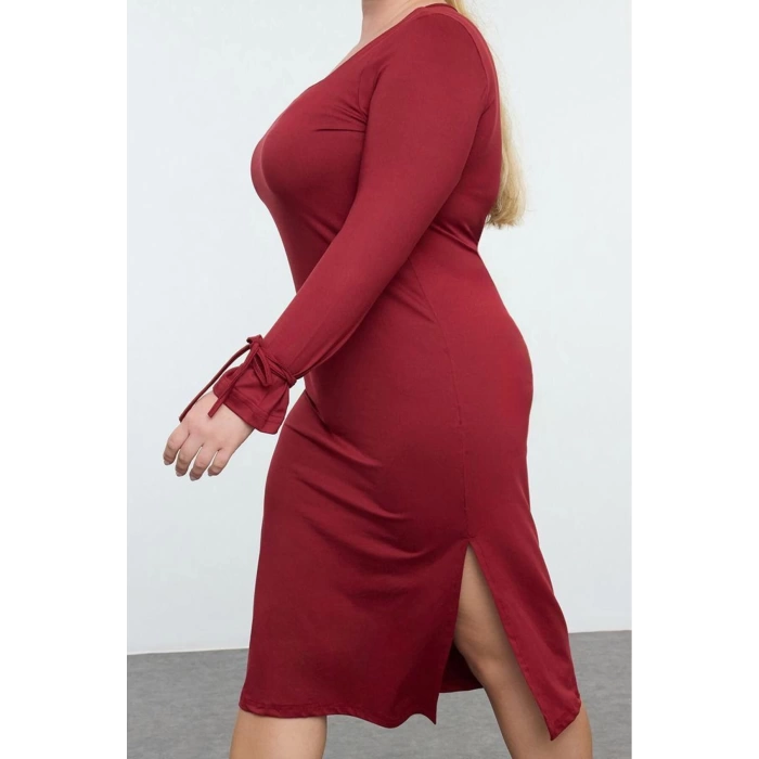 Women Fashion Stylish Plus Size Midi Length Square Neck Fitted Premium Slit Knitted Plus Size Dress