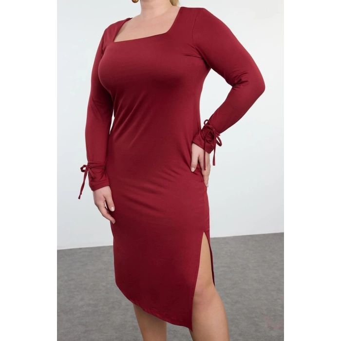 Women Fashion Stylish Plus Size Midi Length Square Neck Fitted Premium Slit Knitted Plus Size Dress