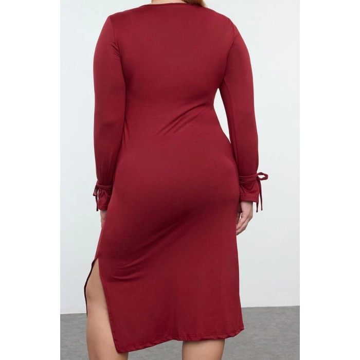 Women Fashion Stylish Plus Size Midi Length Square Neck Fitted Premium Slit Knitted Plus Size Dress