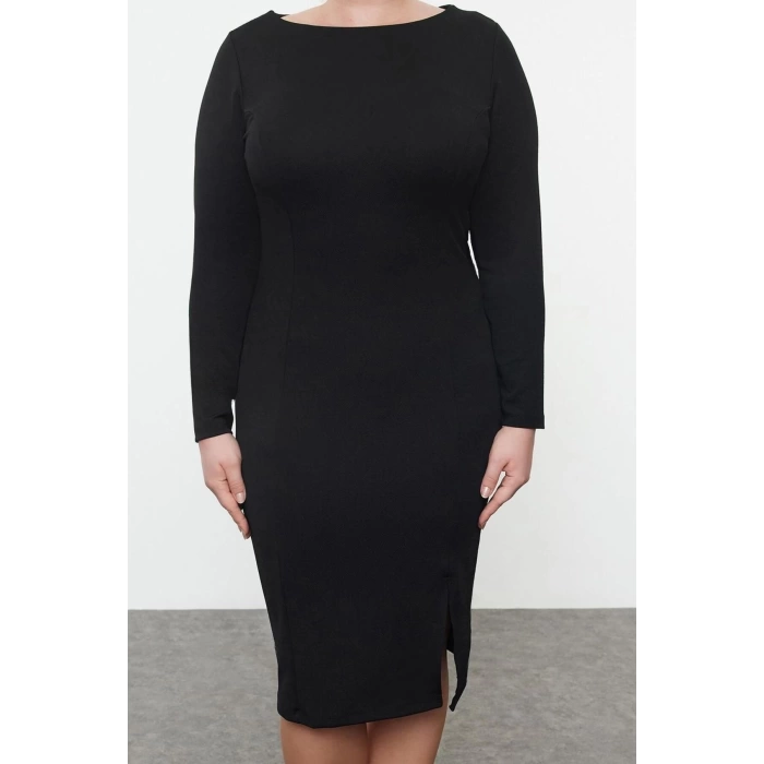 Women Fashion Stylish Plus Size Regular Length Boat Neck Fitted Crepe Knit Plus Size Dress