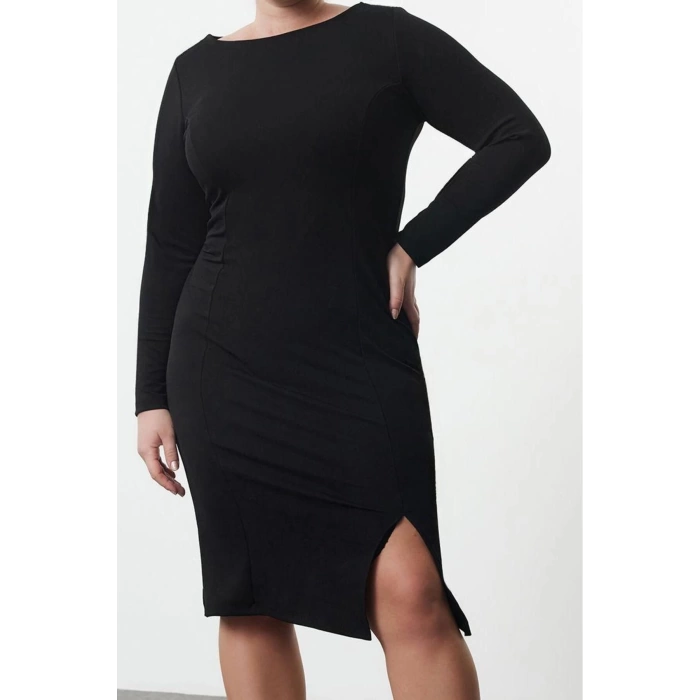 Women Fashion Stylish Plus Size Regular Length Boat Neck Fitted Crepe Knit Plus Size Dress