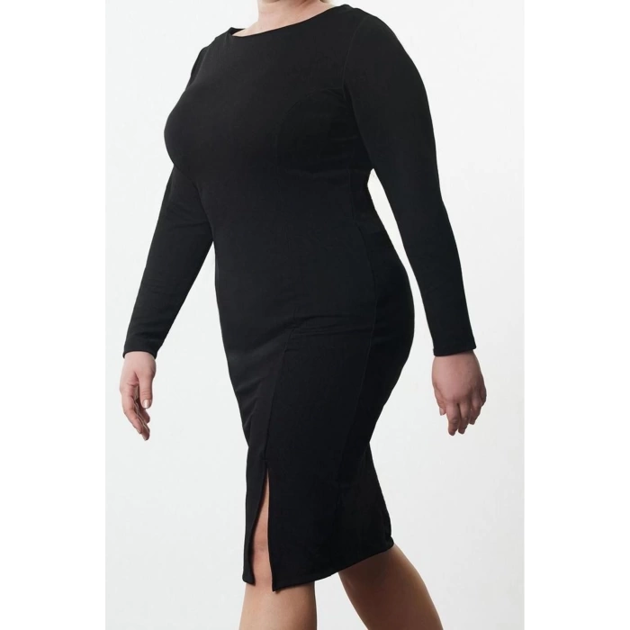 Women Fashion Stylish Plus Size Regular Length Boat Neck Fitted Crepe Knit Plus Size Dress