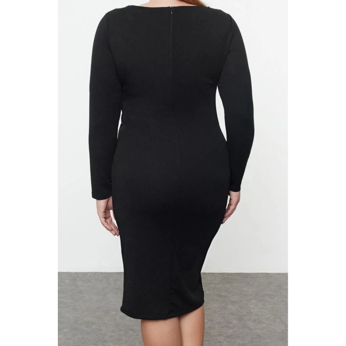 Women Fashion Stylish Plus Size Regular Length Boat Neck Fitted Crepe Knit Plus Size Dress