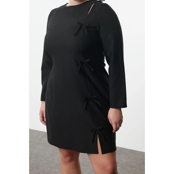Womens Plus Size Mini Length Crew Neck Fitted Womens Bow Ribbon Woven Plus Size Dress