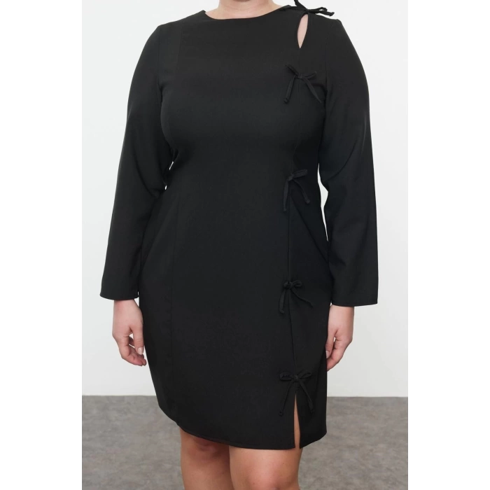 Womens Plus Size Mini Length Crew Neck Fitted Womens Bow Ribbon Woven Plus Size Dress
