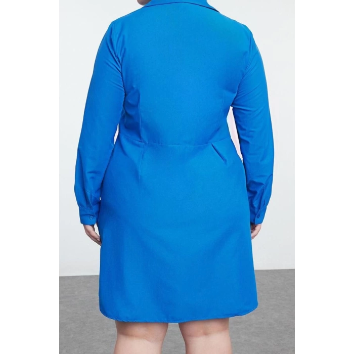 Kadın Moda Büyük Beden Mini Boy Bisiklet Yaka Fitted İç Göstermeyen Dokuma Büyük Beden Gömlek Elbise