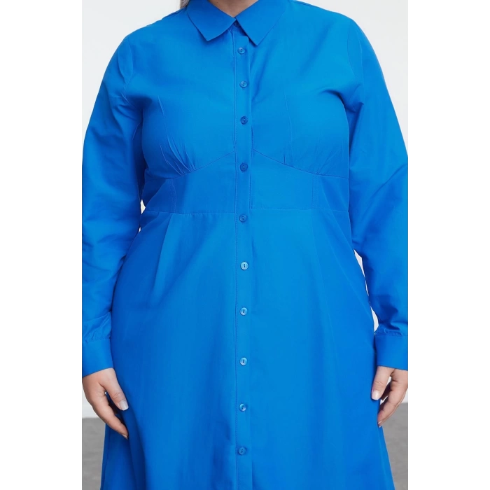 Kadın Moda Büyük Beden Mini Boy Bisiklet Yaka Fitted İç Göstermeyen Dokuma Büyük Beden Gömlek Elbise