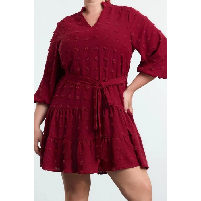 Kadın Moda Büyük Beden Midi Boy V Yaka Fitted Balon Kol Kuşaklı Ponponlu Dokuma Büyük Beden Elbise