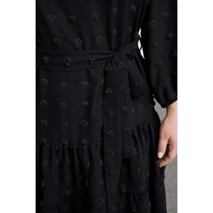 Kadın Moda Büyük Beden Midi Boy V Yaka Fitted Balon Kol Kuşaklı Ponponlu Dokuma Büyük Beden Elbise