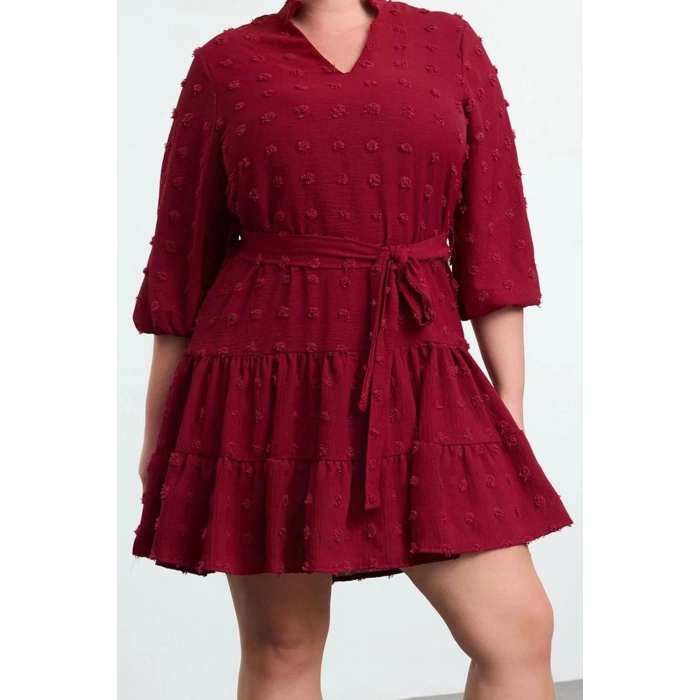 Kadın Moda Büyük Beden Midi Boy V Yaka Fitted Balon Kol Kuşaklı Ponponlu Dokuma Büyük Beden Elbise