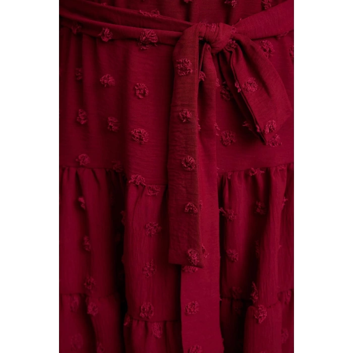 Kadın Moda Büyük Beden Midi Boy V Yaka Fitted Balon Kol Kuşaklı Ponponlu Dokuma Büyük Beden Elbise